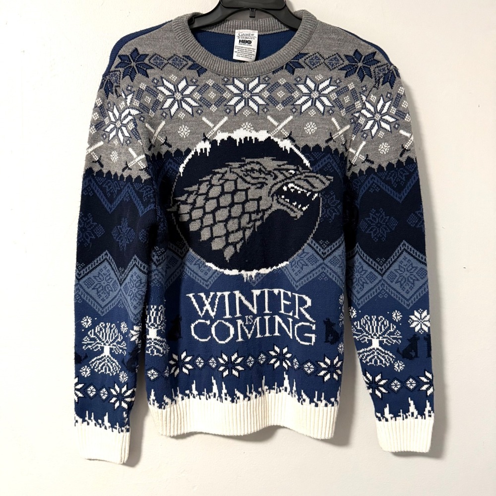 Game of Thrones House Stark Winter Is Coming Blue Fair Isle Sweater Men's Large